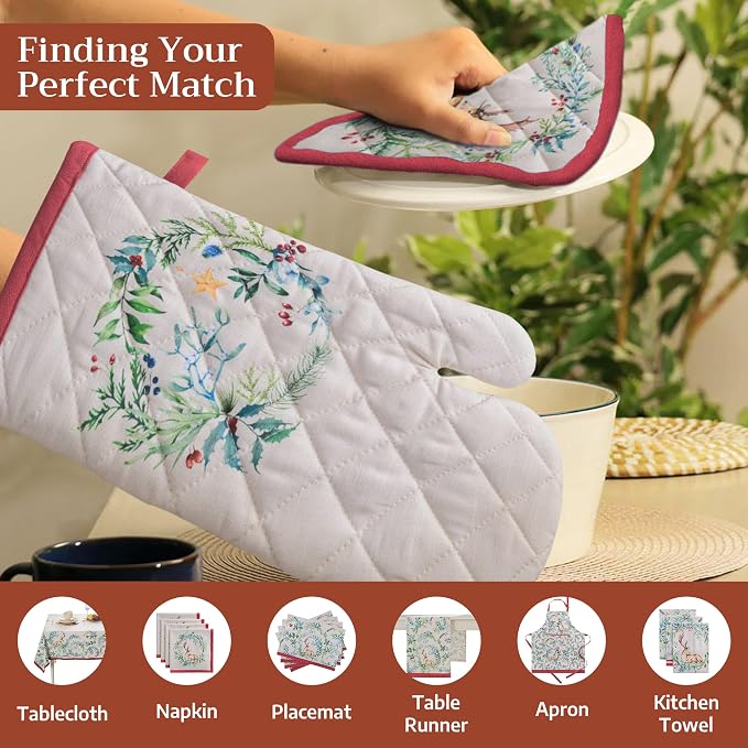 Maison d' Hermine 100% Cotton Oven Mitt & Pot Holder Set (7.5"x13" & 8"x8") | Heat Resistant BBQ Cooking Gloves with Loop Baking Grilling Kitchen Hotel Home Farmhouse Thanksgiving Christmas - Holly Time
