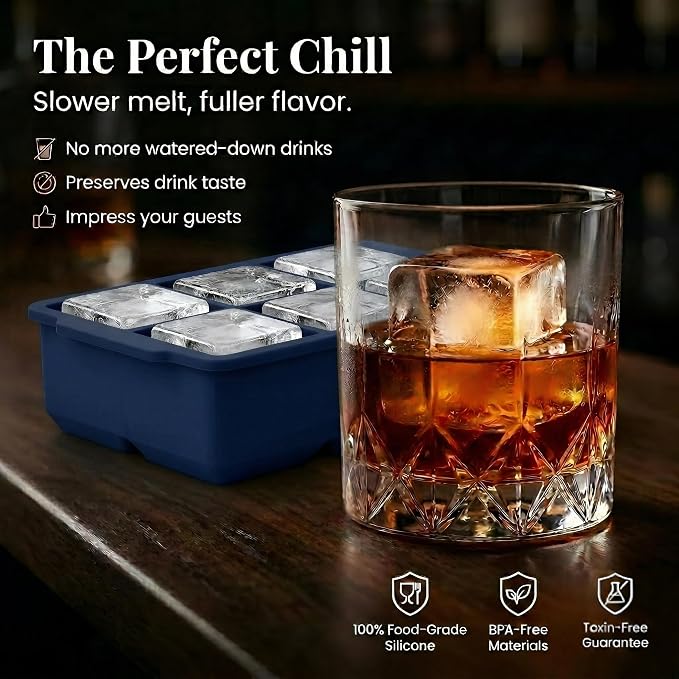 KitchFort® Large Silicone Ice Cube Tray (3-Pack), Easy Release 2" Big Ice Cubes - Cocktail, Whiskey Ice Cubes Mold - Ice Trays for Freezer with Lid - Stackable Silicone Ice Tray - Navy Blue