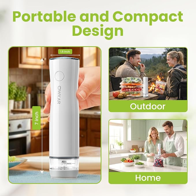Portable Handheld Vacuum Sealer for Food with 32 Reusable Bags, Compact & Powerful Food Vacuum Sealer with Visible Liquid Tank, Digital Display and 6X Freshness Lock for Meal Prep & Storage