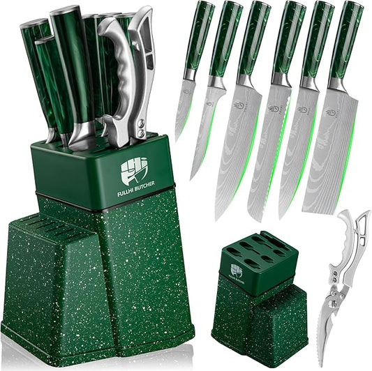 FULLHI 8pcs block Knife Set,chef's Knves Set with Block and Sharpener, Kitchen Knife Set,Multi-colour Handle, Gifts for Men Women