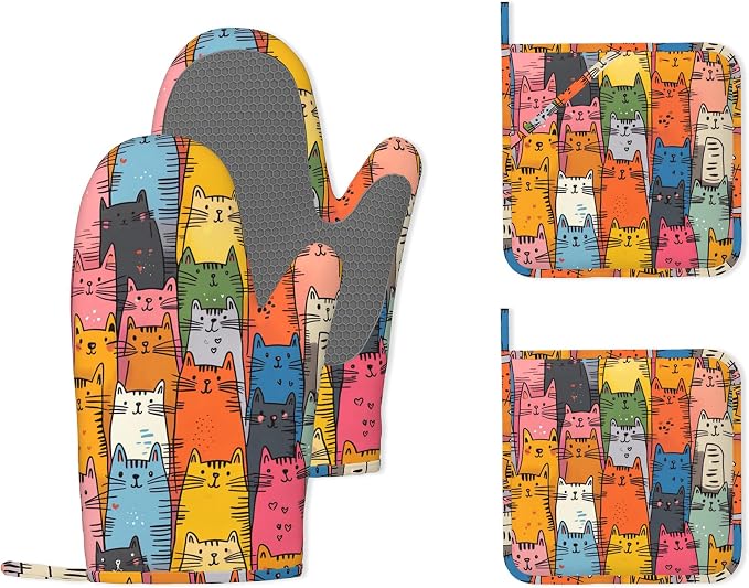 Funny Cat Oven Mitts and Pot Holders 4 Piece Set,Heat-Resistant Silicone Extra Long Non-Slip Kitchen Oven Gloves for Cooking, Baking, BBQ,Grilling