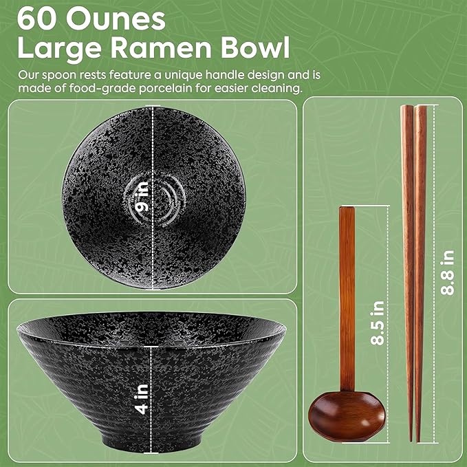 NJCHARMS Ceramic Ramen Bowl Set of 2, 60 oz Japanese Noodle Soup Bowls with Spoons and Chopsticks for Ramen Soup Pho Udon Asian Noodles, Large Noodle Bowls(Black