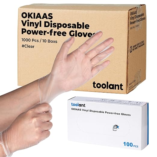 OKIAAS Disposable Gloves XL, Bulk of 1000 Pcs|Latex and Powder-Free Clear Vinyl Gloves for Household, Food Handling, Lab Work and more, 10 Dispenser Boxes