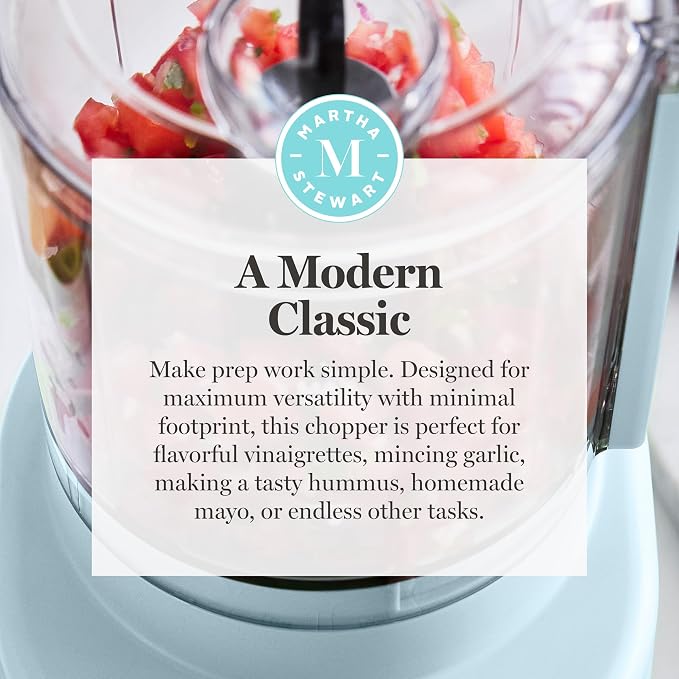 Martha Stewart 3 Cup Electric Vegetable Chopper & Mini Food Processor, Blue | 24oz BPA-Free Bowl, Stainless Steel Blades, Pour Spout, Dice, Puree, Mince, Chop Vegetables & Herbs, Dishwasher-Safe Parts