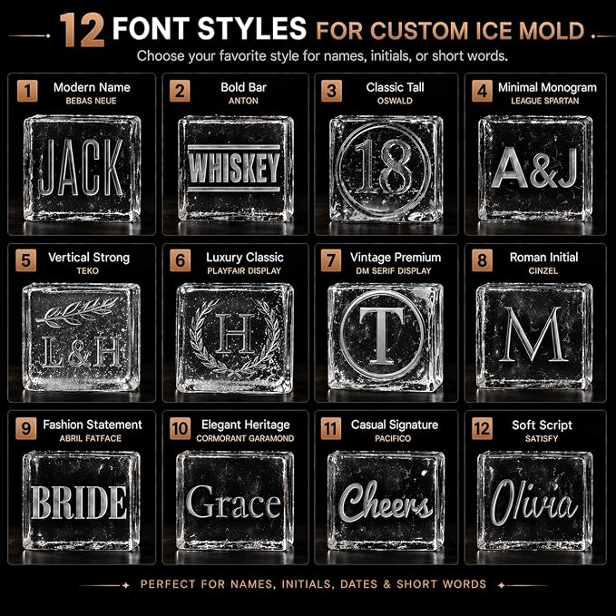 Personalized Ice Cube Mold, Custom Text Silicone Ice Tray 2” Cubes, Add Names Initials Dates or Short Words, Reusable Square Whiskey Ice Mold for Bourbon Cocktails Gifts for Men Dad Husband