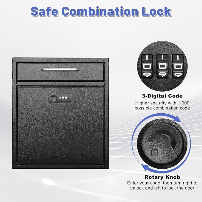 KYODOLED Wall Mount Mailbox for Outside, Combination Lock, Large, Black | Sturdy Steel, Anti-theft Large Drop Box, Ideal for Home, Office, School Daily Mail/Key/Cash Storage, 12H" x 10.5L" x 4.6W"