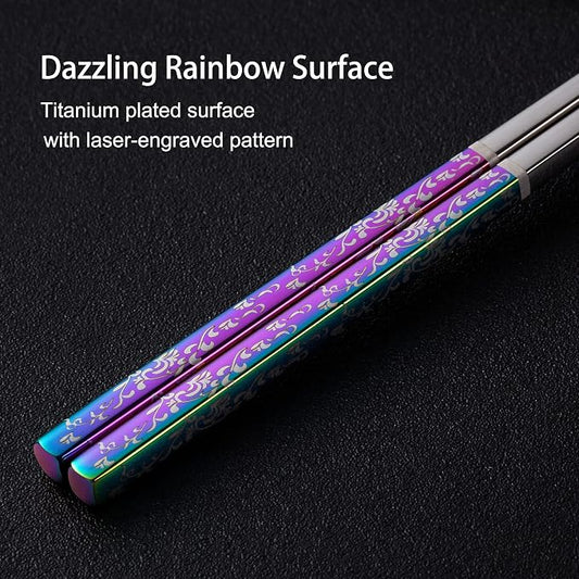 Metal Chopsticks Reusable Dazzling Rainbow Stainless Steel Chopsticks Titanium Plated Dishwasher Safe Fancy Laser Engraved Korean Japanese Chop Sticks Multicolor 2 Pairs Gift Set