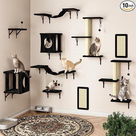 10 Pcs Cat Wall Shelves Set, Wall-Mounted Climber with Cat House, Scratching Post, Bridge, Hammock, Space-Saving Play Furniture, Black