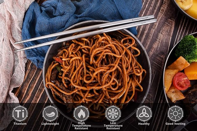 iBasingo Titanium Chopsticks Lightweight (15g) Skid-Proof Chinese Chopsticks for Camping, Travel & Home Use, Reusable Metal Utensil Durable Outdoor Cutlery (1 Pair) Ti1002T