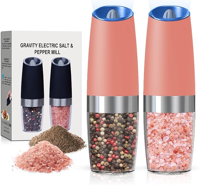 Battery Operated Salt And Pepper Grinder Set with LED Light, Automatic Electric Gravity Salt And Pepper Shakers Set, Each 6 AAA Batteries Needed, Adjustable Roughness, 2 Pack (Pink)