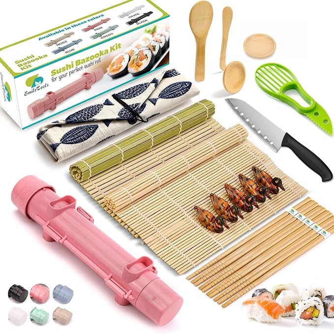 Sushi Making Kit For Beginners - 22 Piece DIY Sushi Roller Kit with Bamboo Sushi Rolling Mat, Sushi Bazooka, Chef's Knife, Chopsticks, Holder - Best Starter Sushi Kit (Pink)