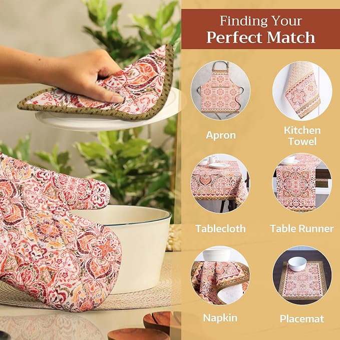 Maison d' Hermine 100% Cotton Oven Mitt & Pot Holder Set (7.5"x13" & 8"x8") | Heat Resistant BBQ Cooking Gloves with Loop Baking Grilling Kitchen Hotel Home Farmhouse Thanksgiving Christmas - Damask