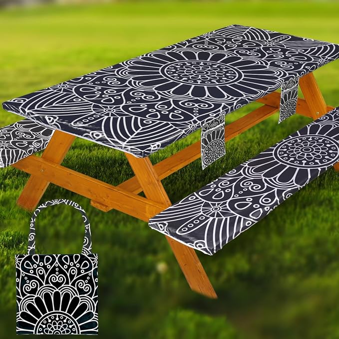 Fitted Picnic Table Cover with Bench Covers Vinyl Waterproof Elastic Edges Fitted Rectangle Tables Patio Tablecloth Camping Gear and Essentials Rv Accessories Road Trip Supplies Car Travel Must Haves