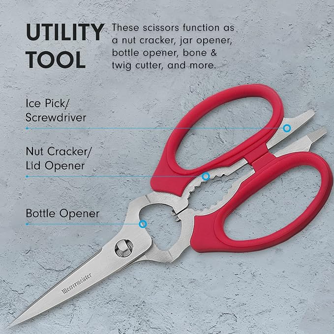 Messermeister 8-Inch Take-Apart Kitchen Scissors, Red - Includes Screwdriver, Nut Cracker, Jar Lid Opener/Gripper, Bottle Opener & Bone + Twig Cutter - Suitable for Lefties & Righties