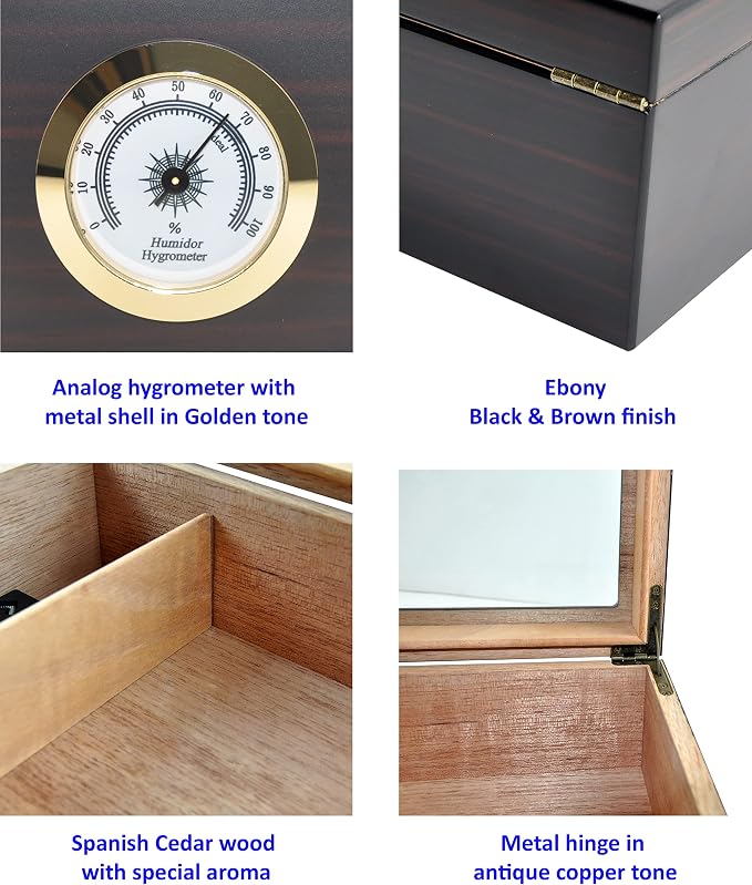 Premium Cigar Humidor - Holds 25-50 Cigars, Spanish Cedar Wood with Ebony Black Finish, Shatter-Resistant Glass Top, Built-In Hygrometer, Humidifier & Divider Included - 10.25" x 8.75" x 4.5"