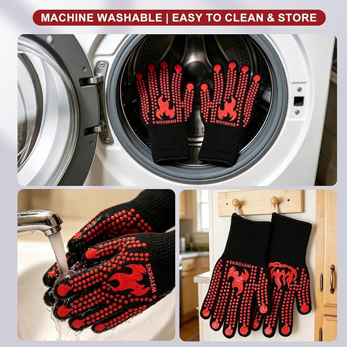 BBQ Gloves Heat Resistant 1472°F, Long Cuff Aramid Fiber Oven Mitts with Non-Slip Silicone, Grilling Gifts for Men, Dad, Husband, Smoker and Kitchen Cooking, Black/Red