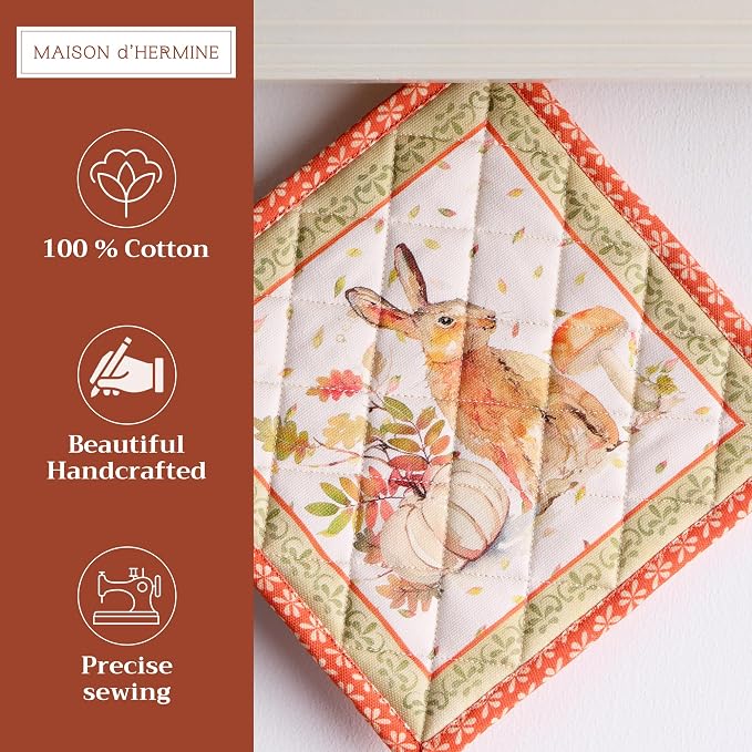 Maison d' Hermine Pot Holders 100% Cotton Potholders (8" x 8", Pack of 1) | Heat Resistant Hot Pads with Loop BBQ Cooking Baking Hotel Kitchen Handling Hot Pans Thanksgiving Christmas - Pumpkin Passion