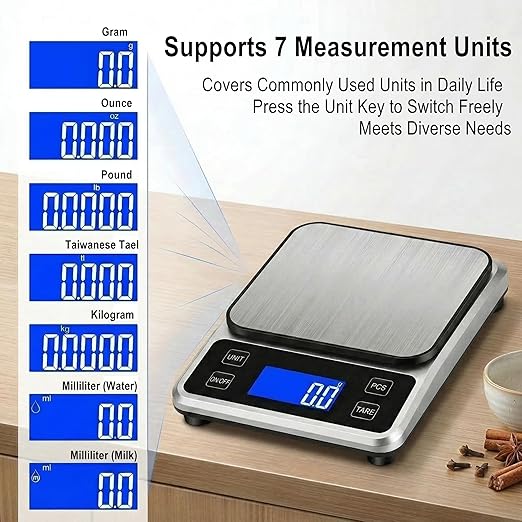 Kitchen Digital Scale, 0.1 g/0.001 oz High Precision Electronic Scale, Max 5 kg/11 lbs, Multiple Unit Conversion, Auto Power-Off/Tare/Counting Function, Stainless Steel Weighing Platform (Silver)