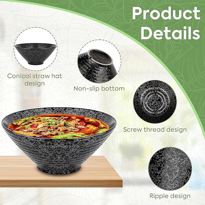 NJCHARMS Ceramic Ramen Bowl Set of 2, 60 oz Japanese Noodle Soup Bowls with Spoons and Chopsticks for Ramen Soup Pho Udon Asian Noodles, Large Noodle Bowls(Black