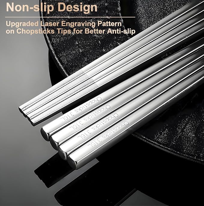 5 Pairs Metal Chopsticks Reusable 316 Stainless Steel Chopsticks Cute Laser Engraved Non-slip Japanese Korean Chinese Chopstick for Cooking Eating Dishwasher Safe 9.5" Chop Sticks Gift Set