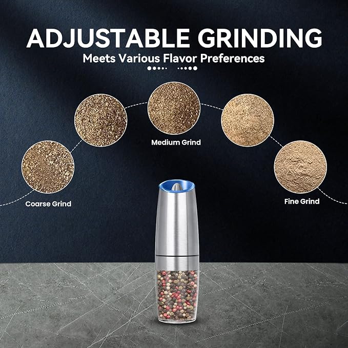 UNNEES Gravity Electric Salt and Pepper Grinder, Automatic Salt And Pepper Grinde, Adjustable Roughness, Battery Powered, LED Light, 1 Pack, (Silver)