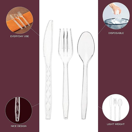 Party Bargains Clear Plastic Cutlery 720 pcs: 360 Forks, 240 Spoons, 120 Knives. Argyle Design, Heavy Duty & Solid Disposable Silverware Utensils Combo Pack Set for Weddings, Buffets, Luncheons