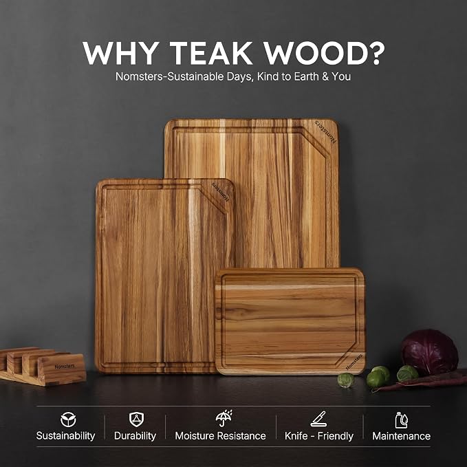 3 Pack Teak Wood Cutting Boards for Kitchen Wood Charcuterie Board Non Slip | Heavy Duty, with Holder, Non Toxic, Serving, Hardwood, Over Sink, Thick Wooden Chopping Board, Best Essential Gift, Fruit