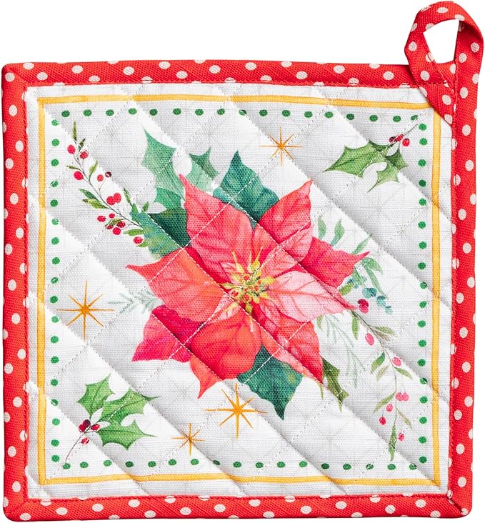 Maison d' Hermine Pot Holders 100% Cotton Potholders (8" x 8", Pack of 1) | Heat Resistant Hot Pads with Loop BBQ Cooking Baking Kitchen Handling Hot Pans Thanksgiving Christmas - Poinsettia Christmas