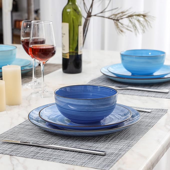 Selamica Ceramic Dinnerware Sets for 6, 18 Pieces Plates and Bowls Set, Scratch Resistant Dishes Set, Handpainted Swirl with Spot Dishwasher & Microwave Safe, Gradient Blue