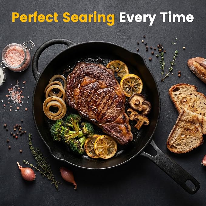 10 Inch Cast Iron Skillet, Pre-Seasoned Frying Pan with Dual Pour Spouts | Heavy Duty Cast Iron Pan for Steak, Eggs and Bacon, Works on Stovetop, Oven, Grill, Induction and Campfire, 3-Quart Capacity.