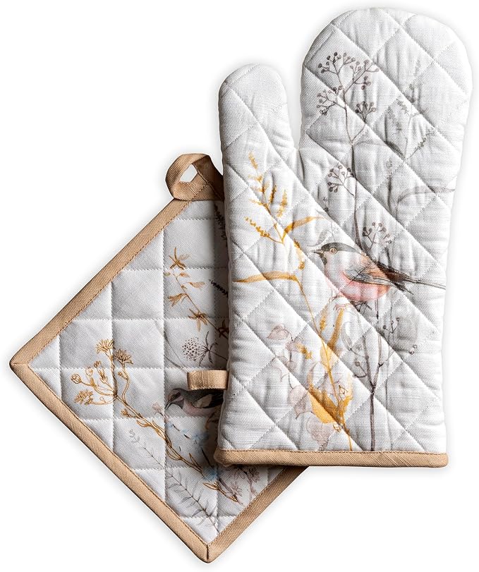 Maison d' Hermine 100% Cotton Oven Mitt & Pot Holder Set (7.5"x13" & 8"x8") | Heat Resistant BBQ Cooking Gloves with Loop Baking Grilling Kitchen Home Farmhouse Spring Summer - Meadow Florals - Beige
