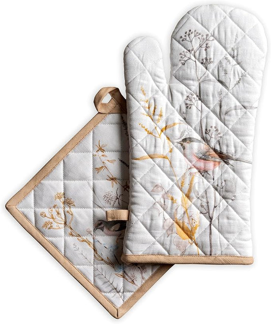 Maison d' Hermine 100% Cotton Oven Mitt & Pot Holder Set (7.5"x13" & 8"x8") | Heat Resistant BBQ Cooking Gloves with Loop Baking Grilling Kitchen Home Farmhouse Spring Summer - Meadow Florals - Beige