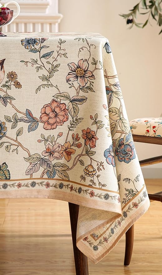 ISAENNE Designer French Light Beige Extra Long Rectangle Tablecloth,Linen Florals and Birds Pattern Table Cloth,Durable Decorative Tablecloths for Dining Thanksgiving Kitchen,63"*110"-Cornucopia
