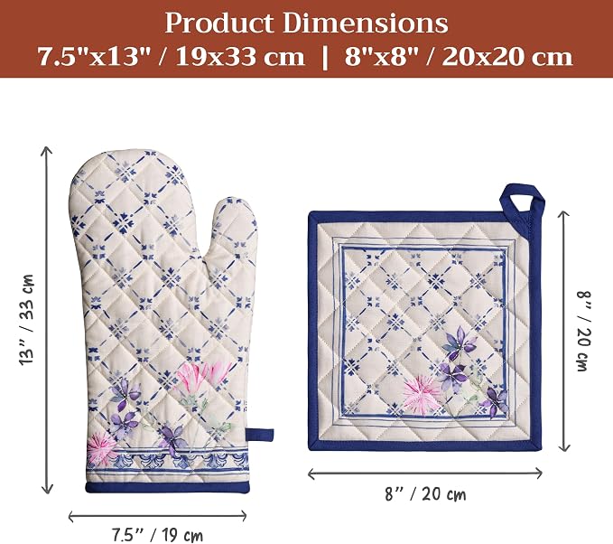 Maison d' Hermine 100% Cotton Oven Mitt & Pot Holder Set (7.5"x13" & 8"x8") | Heat Resistant BBQ Cooking Gloves with Loop Baking Grilling Kitchen Hotel Home Farmhouse Spring Summer - Faience