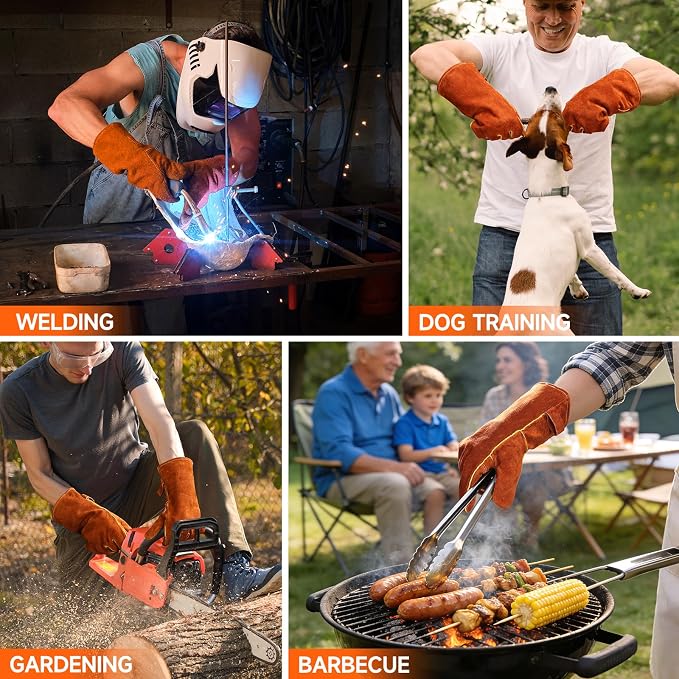 OZERO 932°F Heat Resistant Gloves: Welding Gloves Men Women, Brown, 14-Inch | 1.2 mm Split Cowhide, Reinforced Palm, Long Cuff, for MIG TIG Stick Forge BBQ Grill Fireplace Fire Pit Wood Stove Oven
