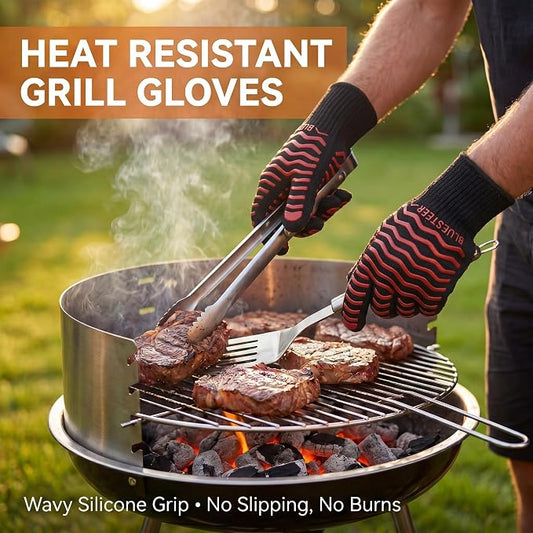 BBQ Gloves 1472°F Heat Resistant Oven Gloves with Fingers Heat Proof Grill Gloves Non-Slip Silicone Oven Mitts for Kitchen Cooking Grilling Baking Smoking