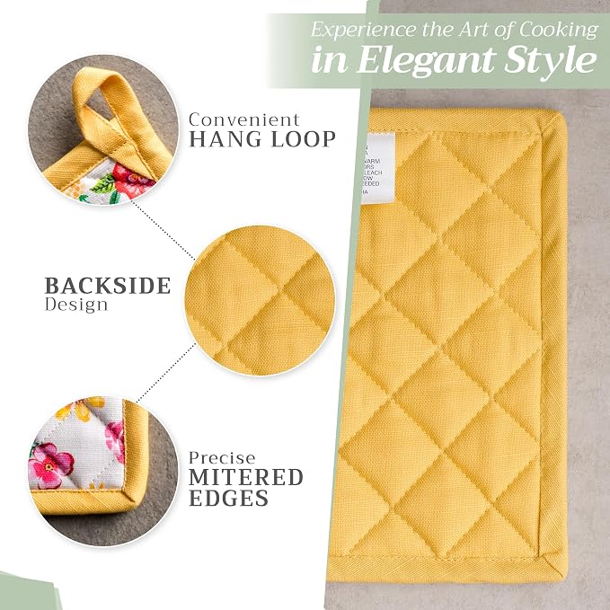 Maison d' Hermine Pot Holders 100% Cotton Potholders (8" x 8", Pack of 2) | Heat Resistant Hot Pads with Loop BBQ Cooking Farmhouse Kitchen Handling Hot Pans Spring Summer - Happy Florals - Sweety