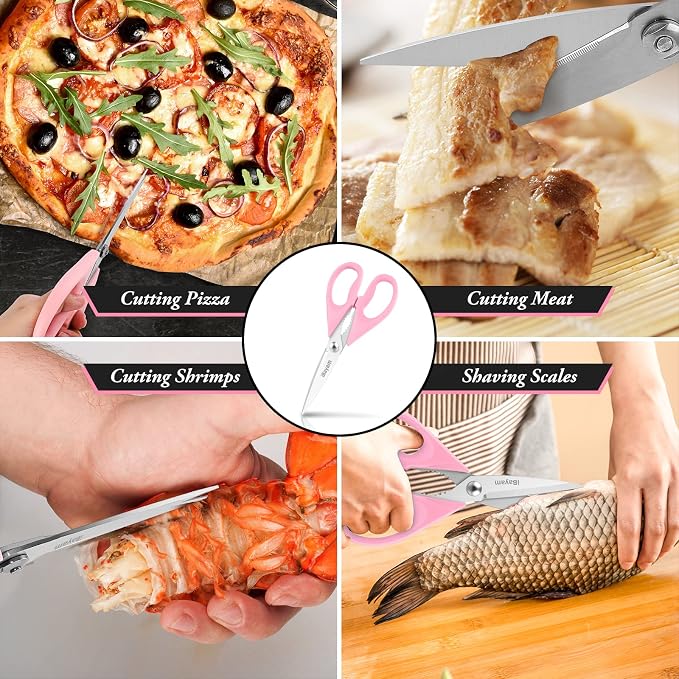 iBayam Pink Kitchen Scissors All Purpose Heavy Duty & Comfort Grip & Cover | Dishwasher Safe, 8.7" Stainless Steel Sharp Scissors Food Poultry, 2-Pack Pink Kitchen Utensils Gadgets for Cooking & Baking