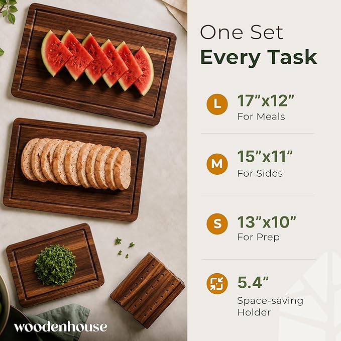 Acacia Wood Cutting Board Set of 3 with Holder, Juice Grooves & Handles | Durable and knife-friendly for chopping, food prep and charcuterie serving; three sizes with a matching storage stand