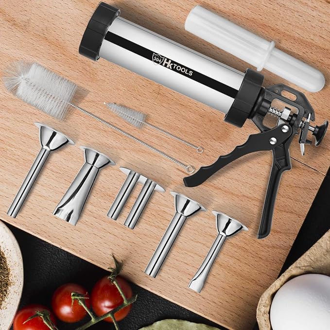 4rd Gen 2.1LB Jerky Gun Kits, Jerky Maker Gun, Beef Jerky Gun, Stainless Steel Sausage Stuffer Jerky Making Gun with 5 Stainless Nozzles, 2 Cleaning Brushes, 1 Stomper