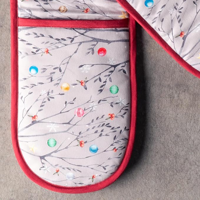 Maison d' Hermine Double Oven Mitts 100% Cotton Double Oven Glove (7"x35") | Heat Resistant BBQ Cooking Gloves with Loop Baking Kitchen Home Hotel Farmhouse Thanksgiving Christmas - Fairy Christmas