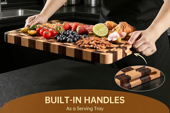 Cutting Boards for Kitchen, Checkered Cutting Board, 1.2" Thick | 16.5" x 11.6" Walnut Wood Chopping Board with Juice Groove&Handle, Double-sided Butcher Block for Prep&Serving with Gift Box