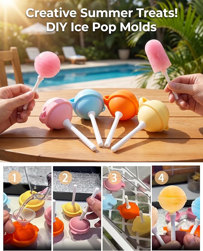 Silicone Lollipop Ice Cream Maker Molds – 4-Pack Funny Lollipop Ice Pop Mold, Reusable Popsicles Molds with Built-in Sticks, Creative Sphere Ice Pop Mold for Summer Parties and Gatherings