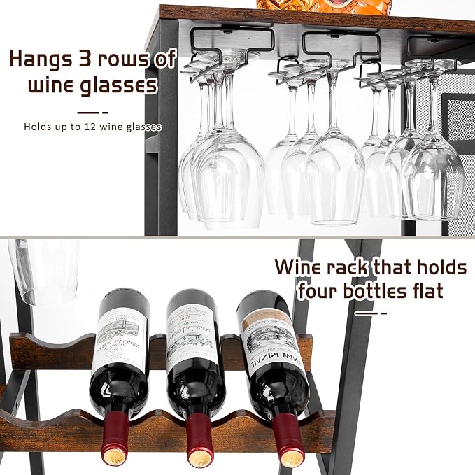 Versatile Liquor Stand for Home Bar, Wine Rack Freestanding Floor, Mini Bar Table for Liquor Whiskey Wine, 3-Tier Trapezoidal Liquor Bottle Display Shelf with Glass Holder and Fences(Patent Pending) | 3-Tier Display, 3 Glass Holder Rows, 4-Bottle Rack:...