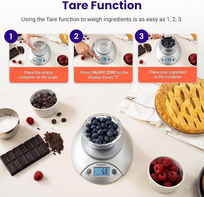Etekcity Food Kitchen Scale with Bowl, 11lb/5kg, Grams and Ounces | Removable bowl with tare, backlit display, ideal for baking, meal prep, dieting and weight loss