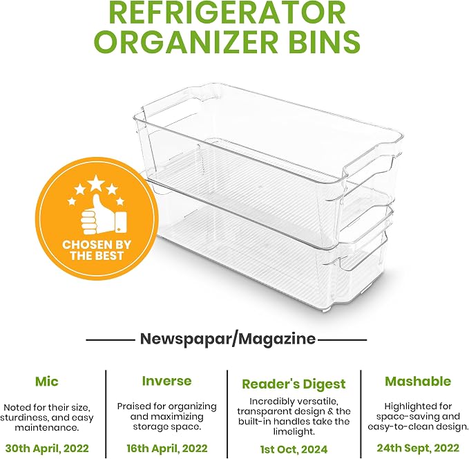 Utopia Home Plastic Stackable Storage Bins for Fridge, 8 Pack, Clear | Durable Plastic Storage Containers with Easy Grip Handles for Pantry, Kitchen Cabinets & Countertops