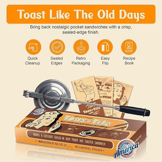 Handheld Sandwich Maker, Classic Sandwich Grill & Panini Press, Cast Aluminum Pie Iron, Retro 1945 Stovetop & Campfire Toaster for Hot Sandwiches, Pies, Paninis, RV & Camping