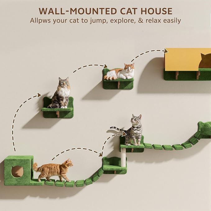 26-in-1 Cat Wall Shelves with Cat Tree, 40''L Tunnel, Moon, Green | Wall Mounted Cats Furniture Set with Plush Fabric, Cat Climbing Systems for 16 Inch Drywall, with Scratching Posts, Bridge