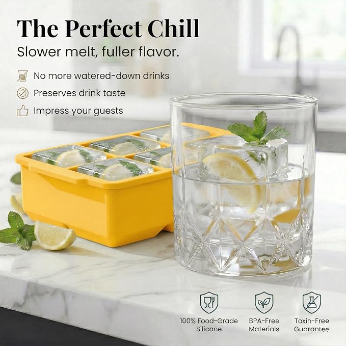 KitchFort® Large Silicone Ice Cube Tray (2-Pack), Easy Release 2" Big Ice Cubes - Cocktail, Whiskey Ice Cubes Mold - Ice Trays for Freezer with Lid - Stackable Silicone Ice Tray - Mustard Yellow