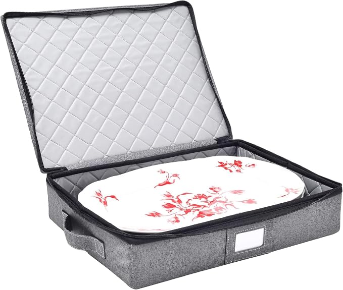 storageLAB Hard Shell Platter Storage Container | Felt Dividers | Gray | Hard shell platter case holds 4 large serving platters with felt dividers. Dual zippers, stackable, dust-free.